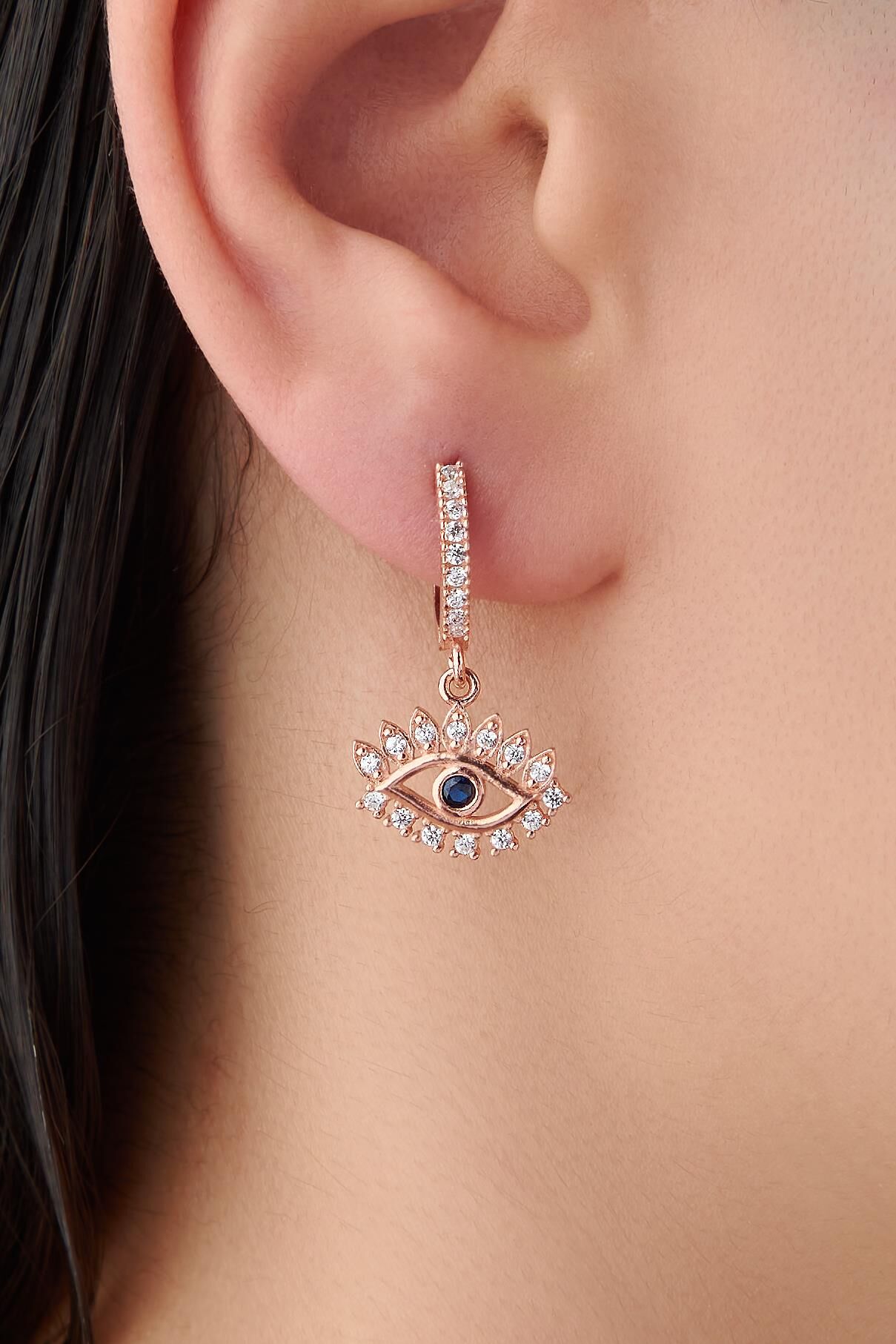 GÜMÜŞ ROSE GÖZ MAVİ ZİRKON TAŞLI KÜPE