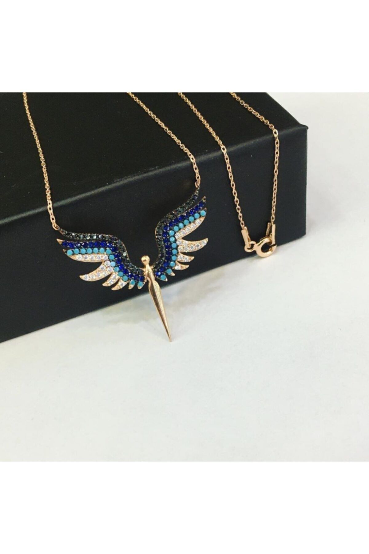 Gümüş Rose Bronz Renk Mavi Siyah Taşlı Mikail Kılıcı Kolye