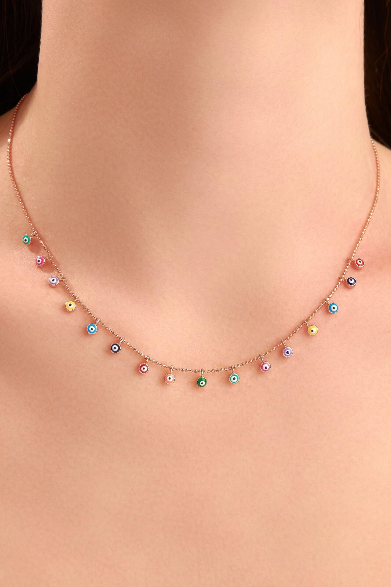 NAZAR BONCUKLU MİNE GÜMÜŞ ROSE KAPLAMA RENKLİ GÖZ KOLYE