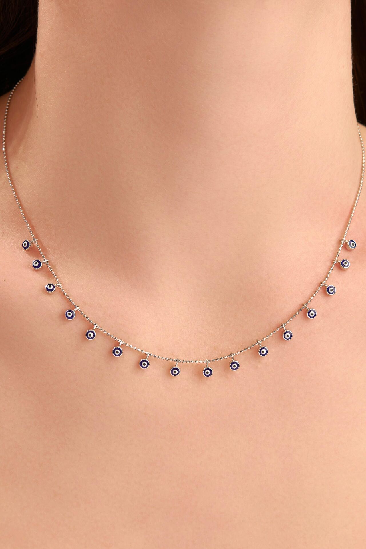 GÜMÜŞ NAZAR BONCUKLU MİNELİ MAVİ GÖZ KOLYE