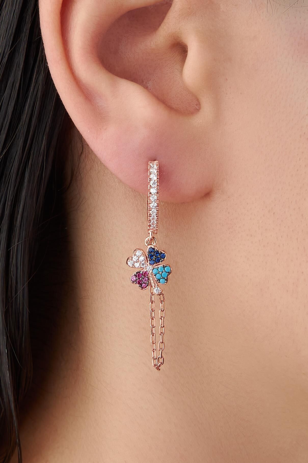 GÜMÜŞ ROSE YONCA ZİNCİR KÜPE