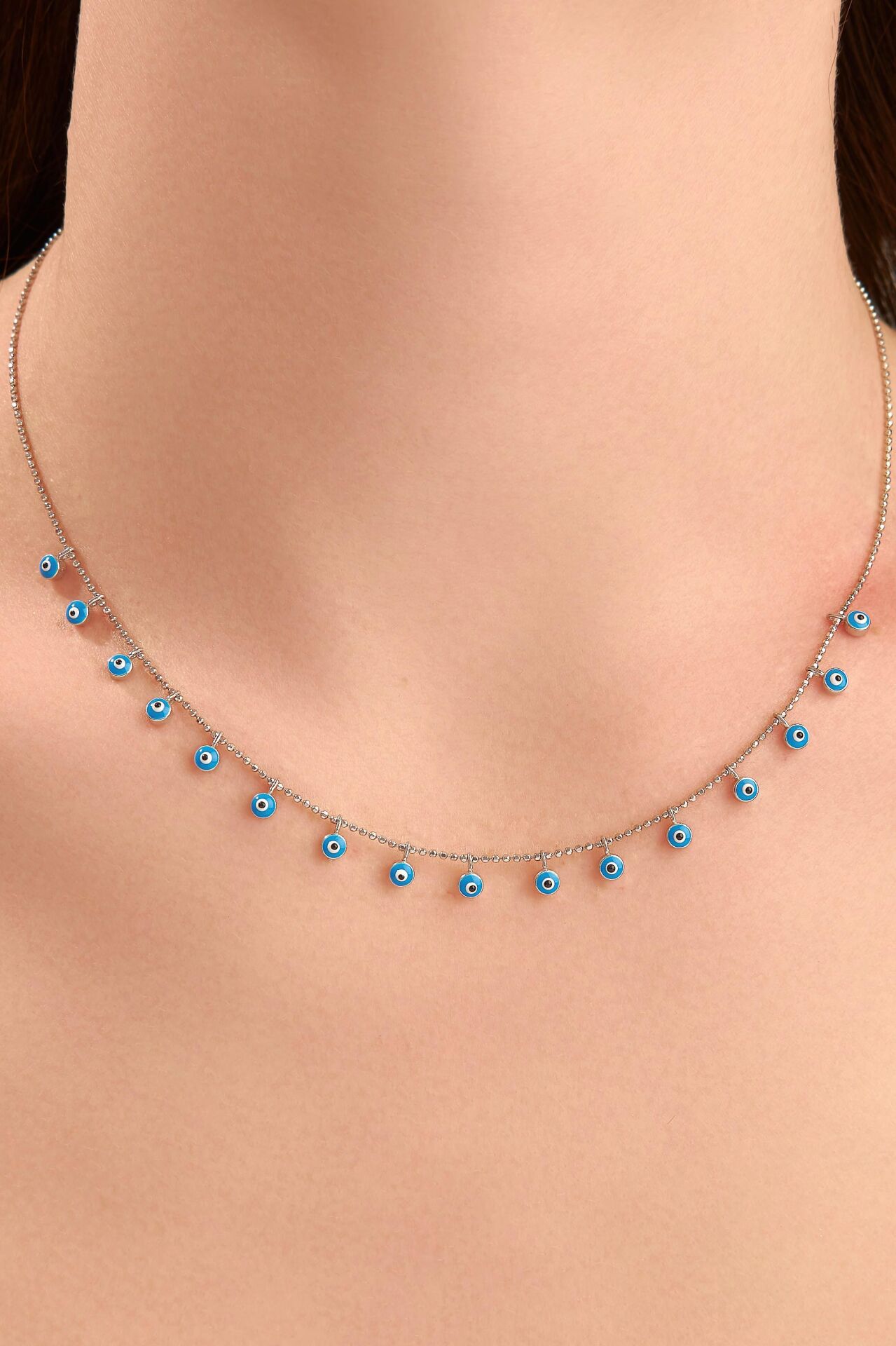 GÜMÜŞ TURKUAZ NAZAR BONCUKLU MİNELİ GÖZ KOLYE