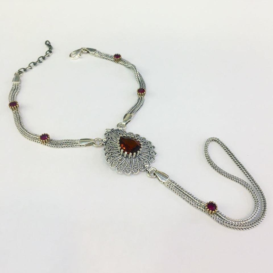 GÜMÜŞ BAL RENGİ ZİRKON TAŞLI ŞAHMERAN TELKARİ BİLEKLİK