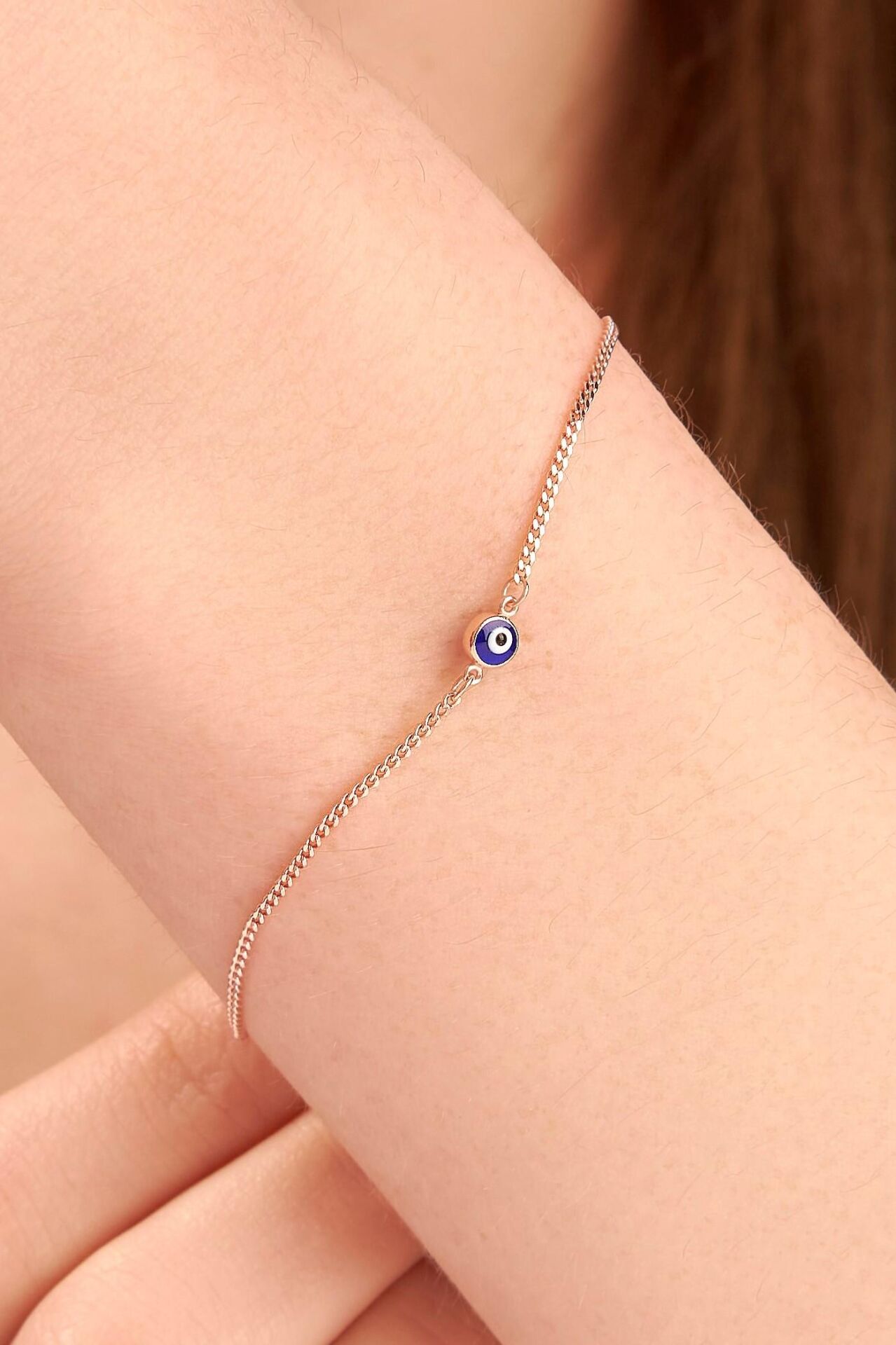 Gümüş Rose Kaplama Mavi Göz Nazar Boncuklu Gurmet Zincir Bileklik