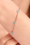 Gümüş Rose Kaplama Üçlü Turkuaz Göz Nazar Boncuklu Zirkon Taşlı Gurmet Zincir Bileklik