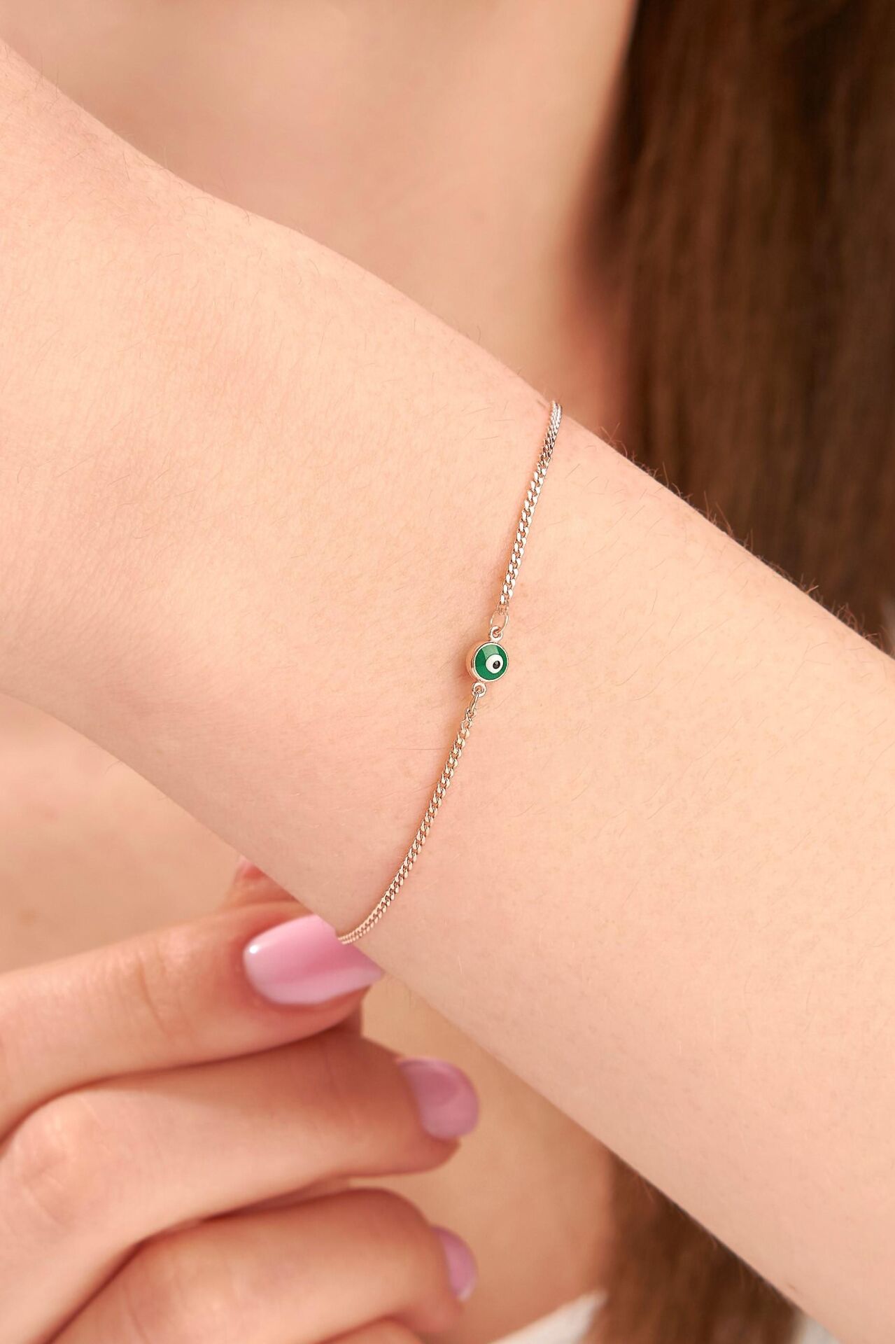 Gümüş Rose Kaplama Yeşil Göz Nazar Boncuklu Gurmet Zincir Bileklik