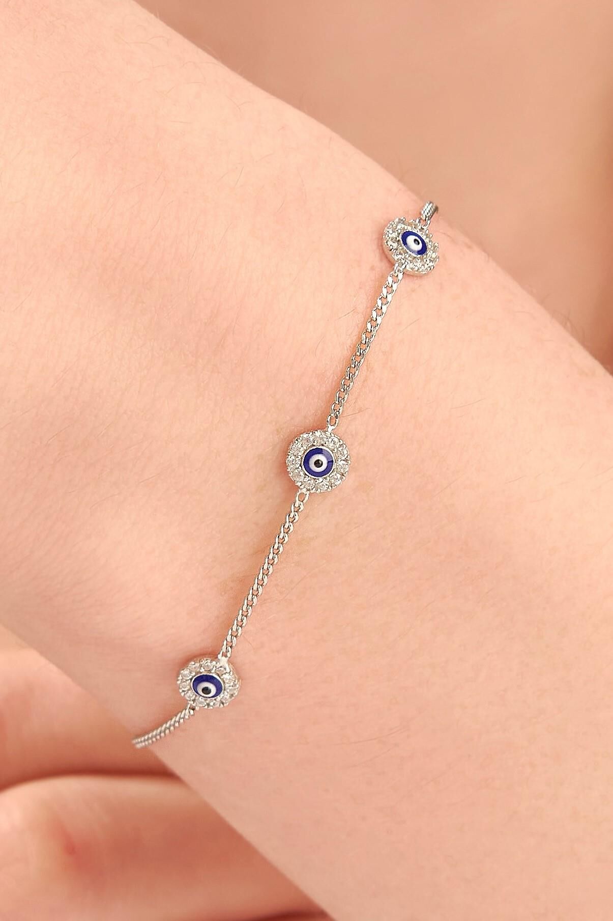 Gümüş  Üçlü Mavi Göz Nazar Boncuklu Zirkon Taşlı Gurmet Zincir Bileklik