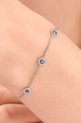 Gümüş  Üçlü Mavi Göz Nazar Boncuklu Zirkon Taşlı Gurmet Zincir Bileklik