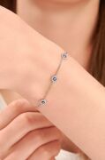 Gümüş  Üçlü Mavi Göz Nazar Boncuklu Zirkon Taşlı Gurmet Zincir Bileklik