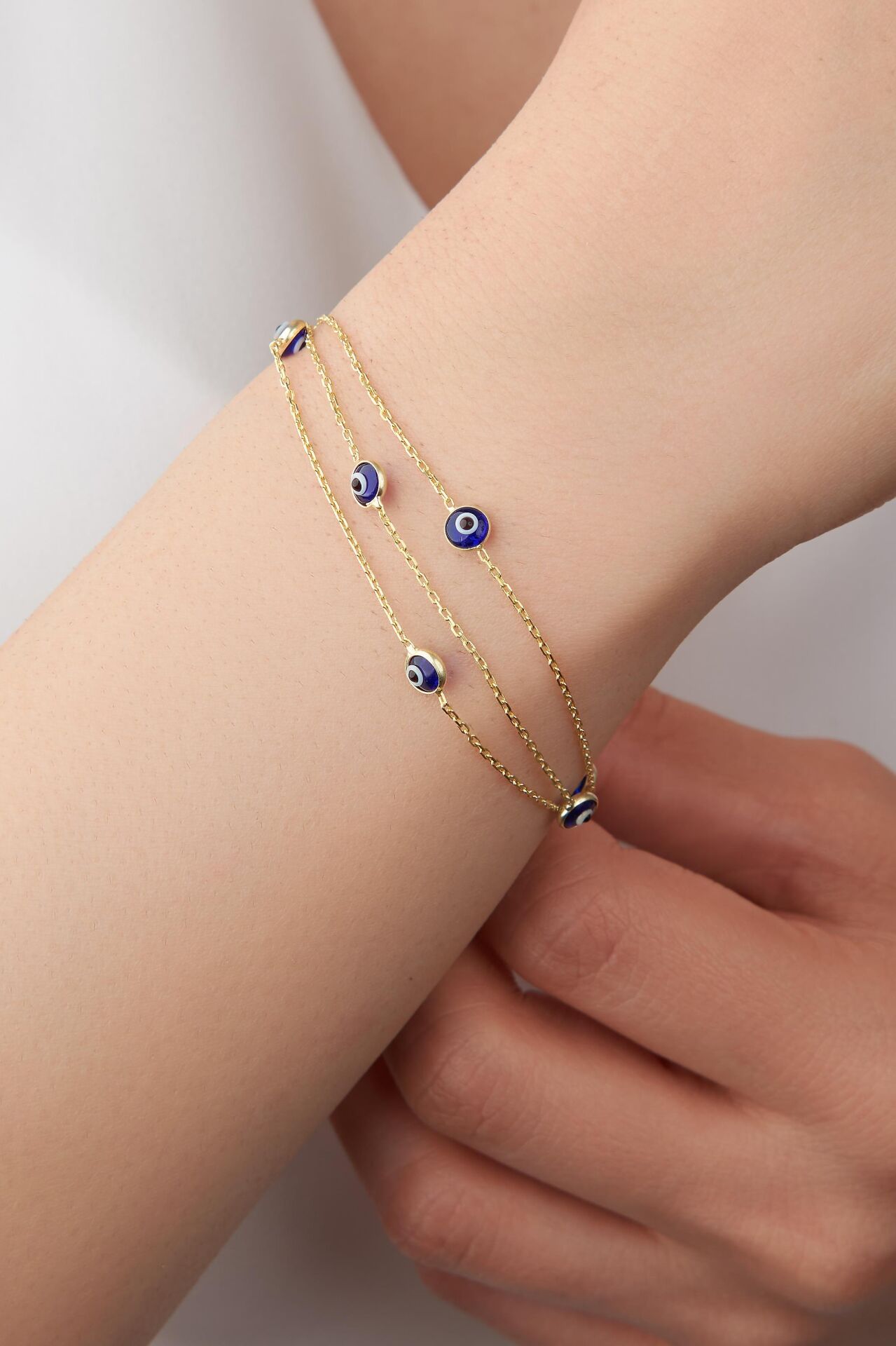 GÜMÜŞ ALTIN KAPLAMA GÖZ NAZAR BONCUKLU ÜÇ ZİNCİRLİ BİLEKLİK