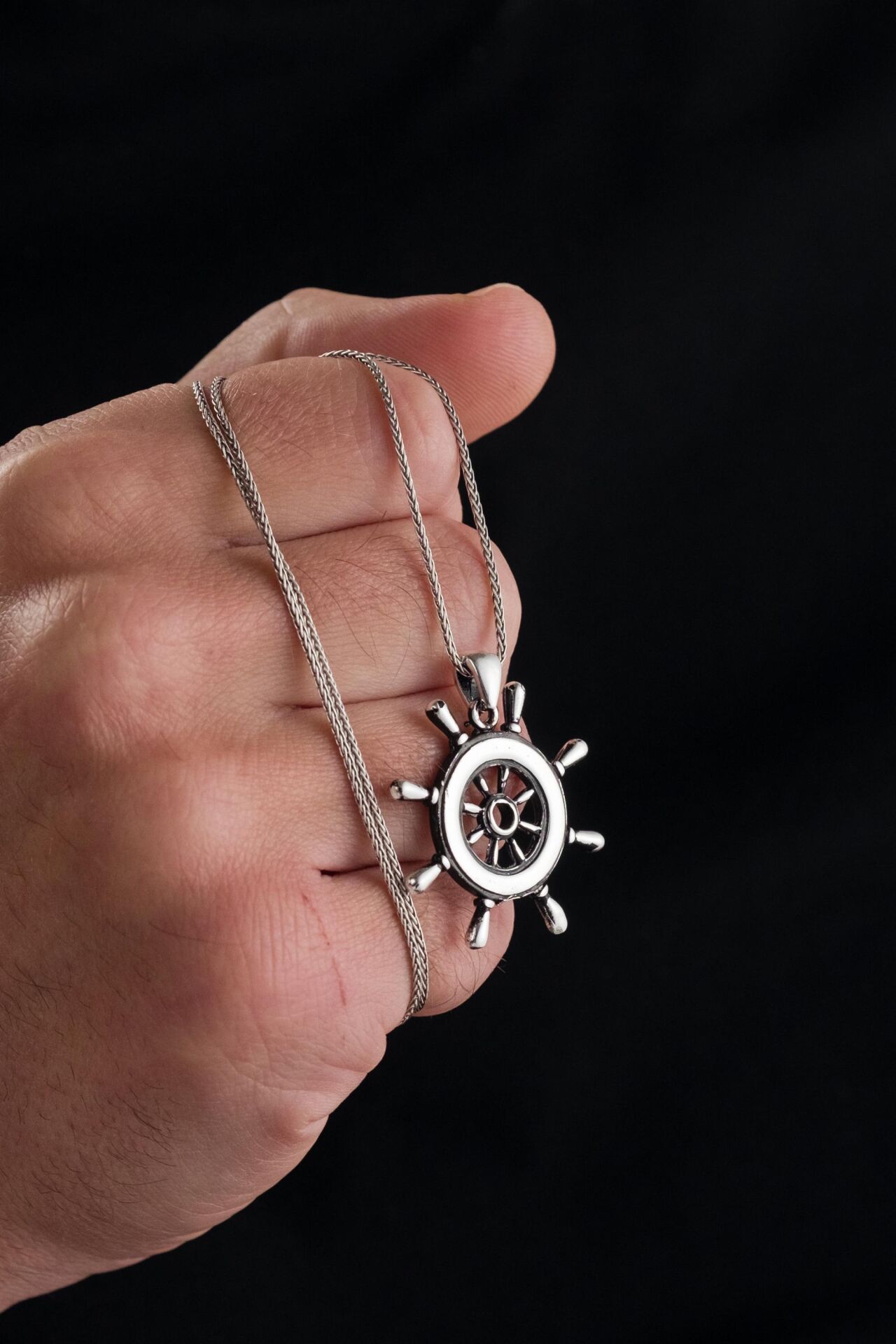 GÜMÜŞ Denizci Kaptan Gemi Dümeni  Erkek Kolye