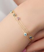 GÜMÜŞ RENKLİ ALTIN KAPLAMA GÖZ NAZAR BONCUKLU ÜÇ ZİNCİRLİ BİLEKLİK