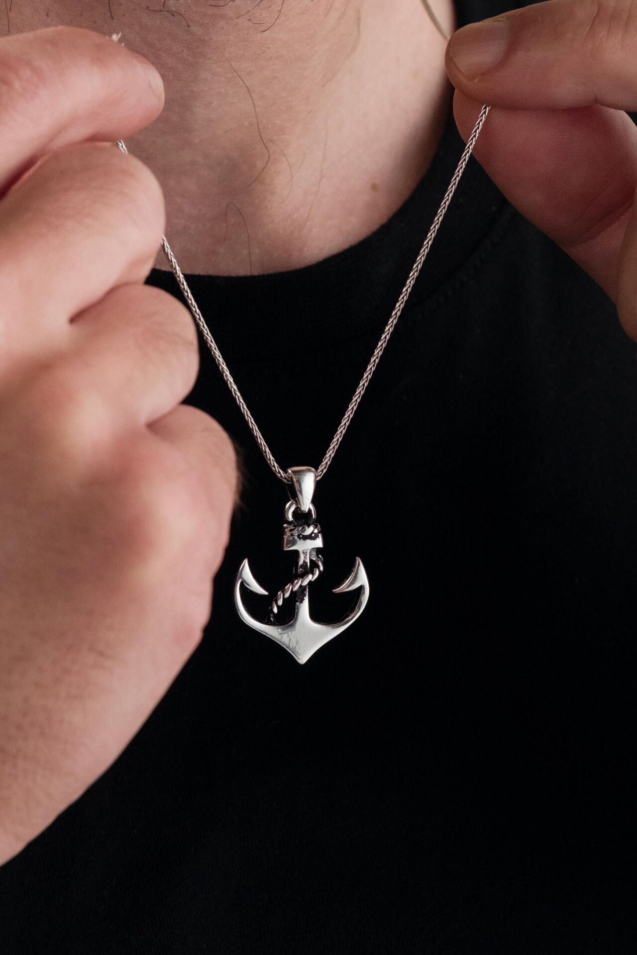 Gümüş Halatlı Gemi Çapa Denizci Balıkçı Erkek Kolye