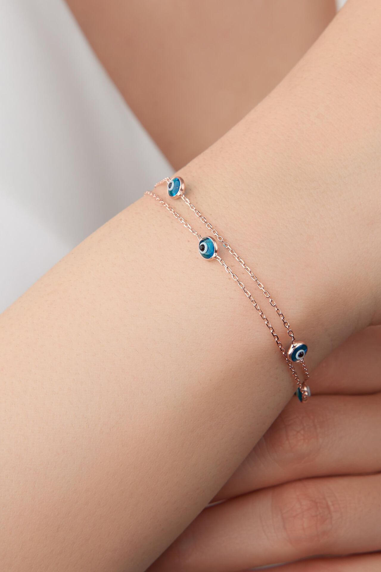GÜMÜŞ ROSE AÇIK MAVİ GÖZ NAZAR BONCUKLU BİLEKLİK