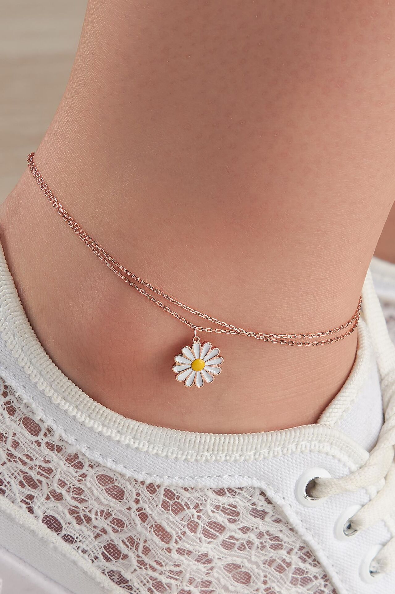 GÜMÜŞ ROSE PAPATYA ÇİFT ZİNCİRLİ HALHAL