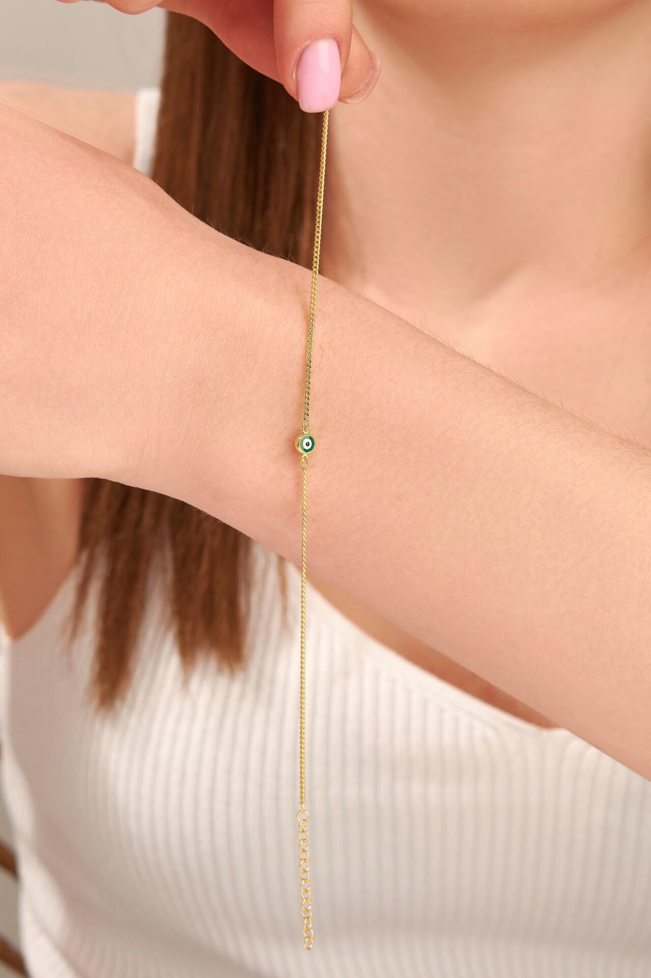 Gümüş Altın Kaplama Yeşil Göz Nazar Boncuklu Gurmet Zincir Bileklik