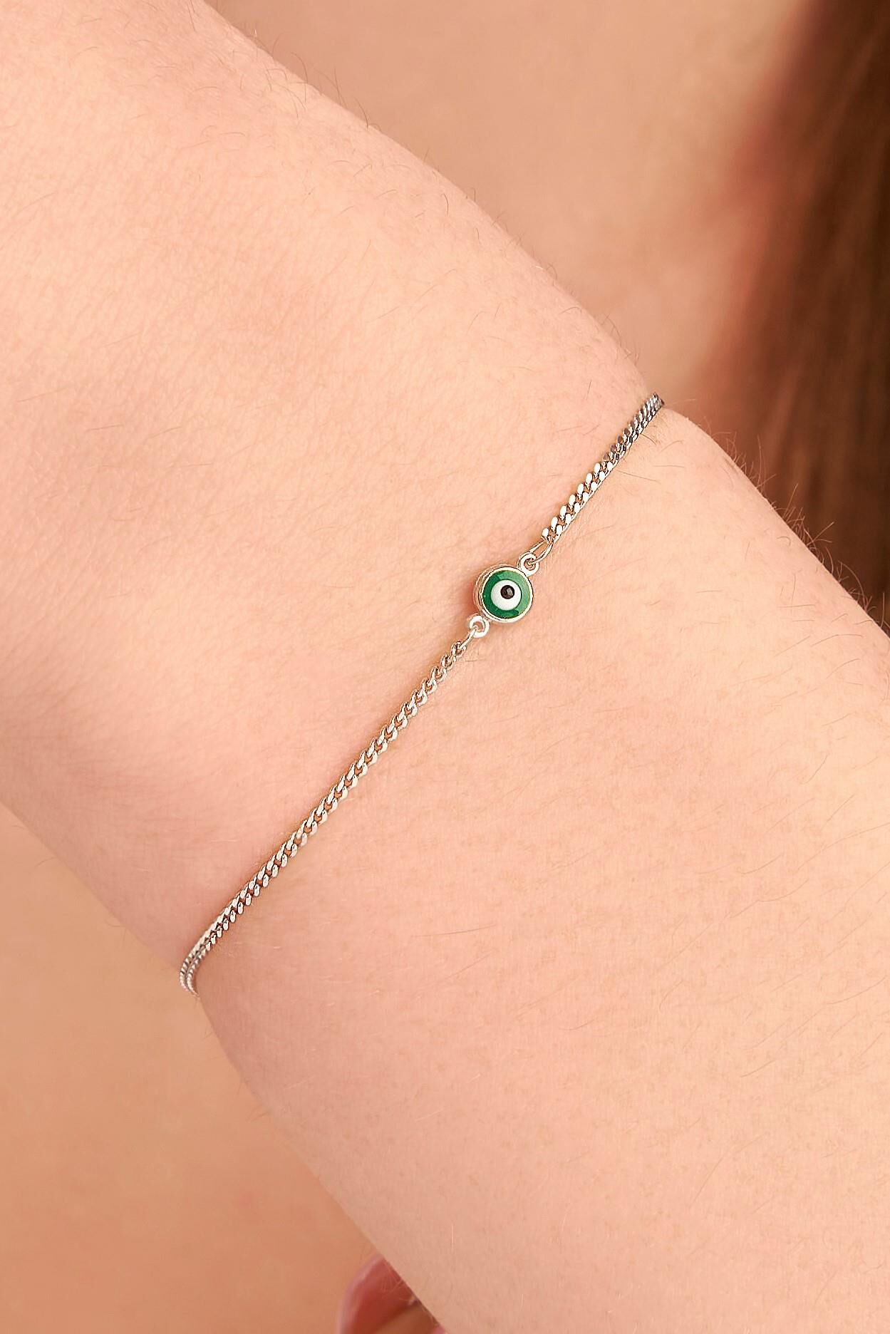 Gümüş Yeşil Göz Nazar Boncuklu Gurmet Zincir Bileklik