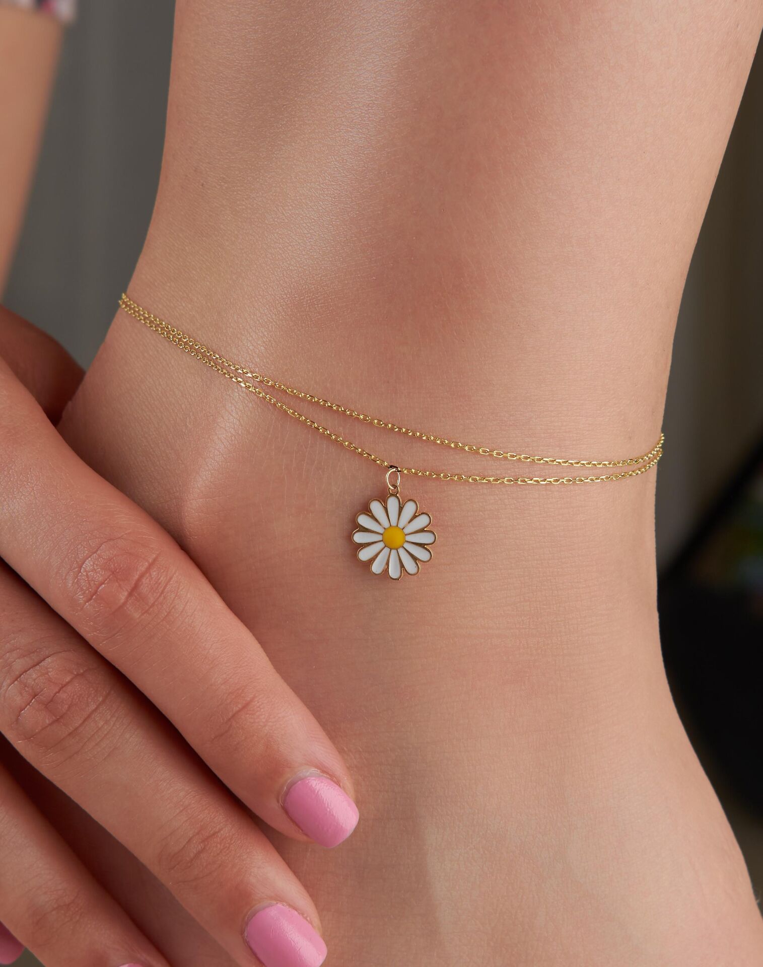 GÜMÜŞ ALTIN KAPLAMA PAPATYA ÇİFT ZİNCİRLİ HALHAL