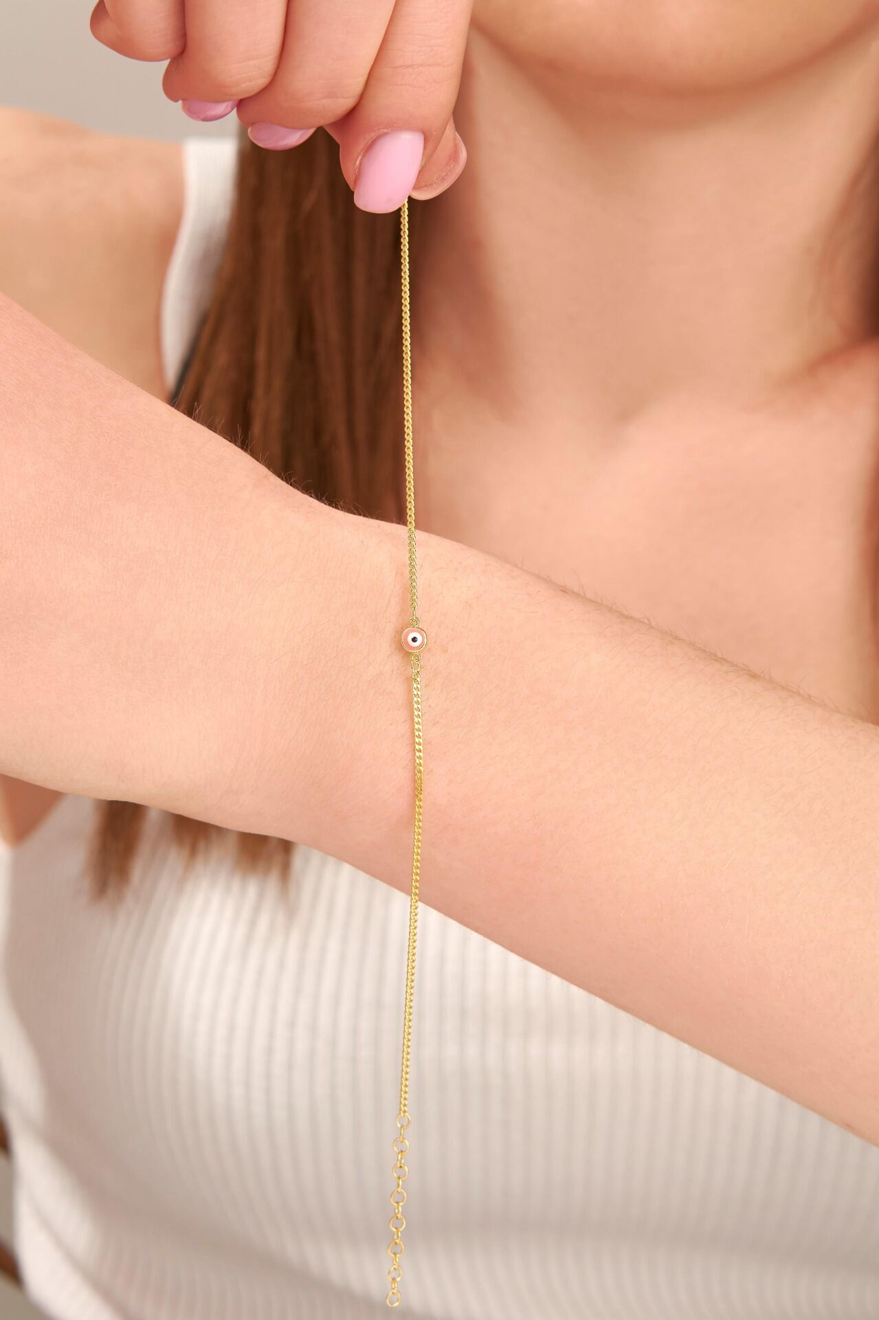 Gümüş Altın Kaplama Pembe Göz Nazar Boncuklu Gurmet Zincir Bileklik