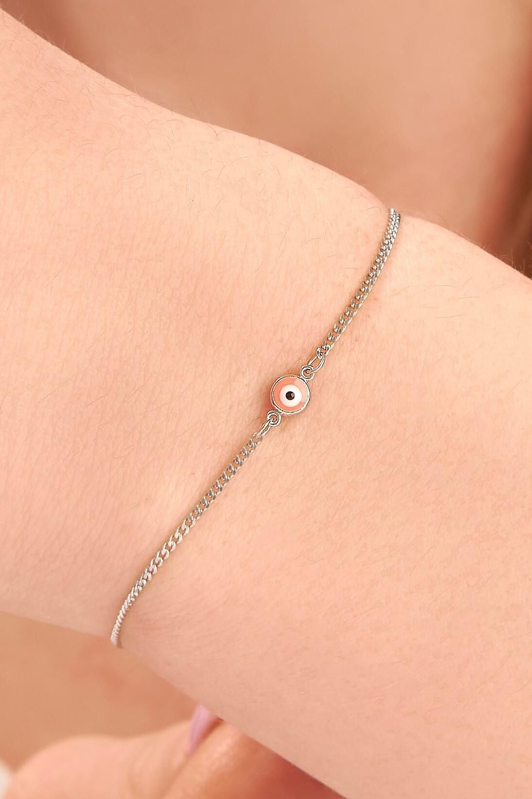 Gümüş Pembe Göz Nazar Boncuklu Gurmet Zincir Bileklik