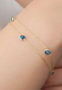 GÜMÜŞ ALTIN KAPLAMA GÖZ AÇIK MAVİ NAZAR BONCUKLU ÇİFT ZİNCİRLİ BİLEKLİK