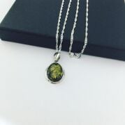 GÜMÜŞ ATEŞ KEHRİBAR YEŞİL SARI OVAL KOLYE