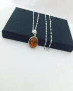 GÜMÜŞ ATEŞ KEHRİBAR SARI KIRMIZI OVAL KOLYE