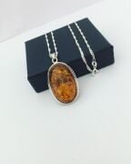 GÜMÜŞ OVAL ATEŞ KEHRİBAR KOLYE