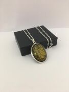 GÜMÜŞ KOYU YEŞİL ATEŞ KEHRİBAR OVAL KOLYE