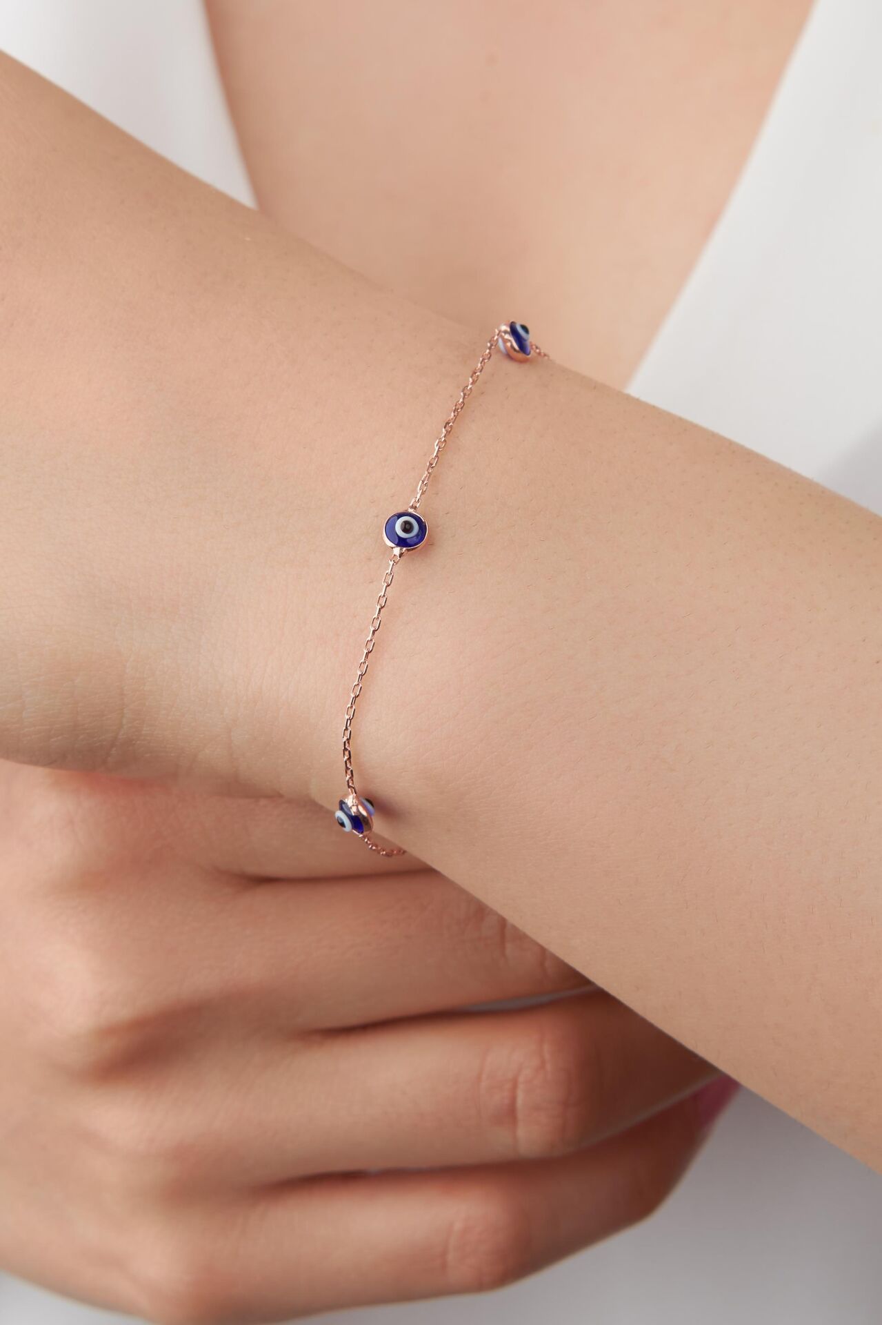GÜMÜŞ ROSE MAVİ GÖZ NAZAR BONCUKLU BİLEKLİK