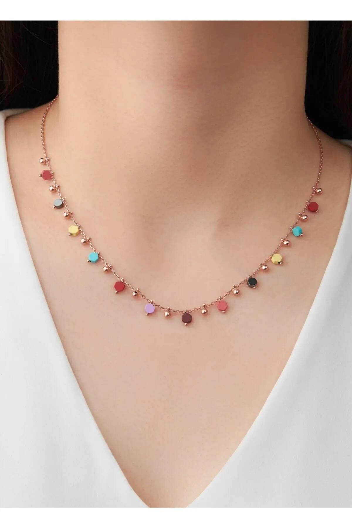 GÜMÜŞ ROSE ALTIGEN RENKLİ TAŞLI KOLYE