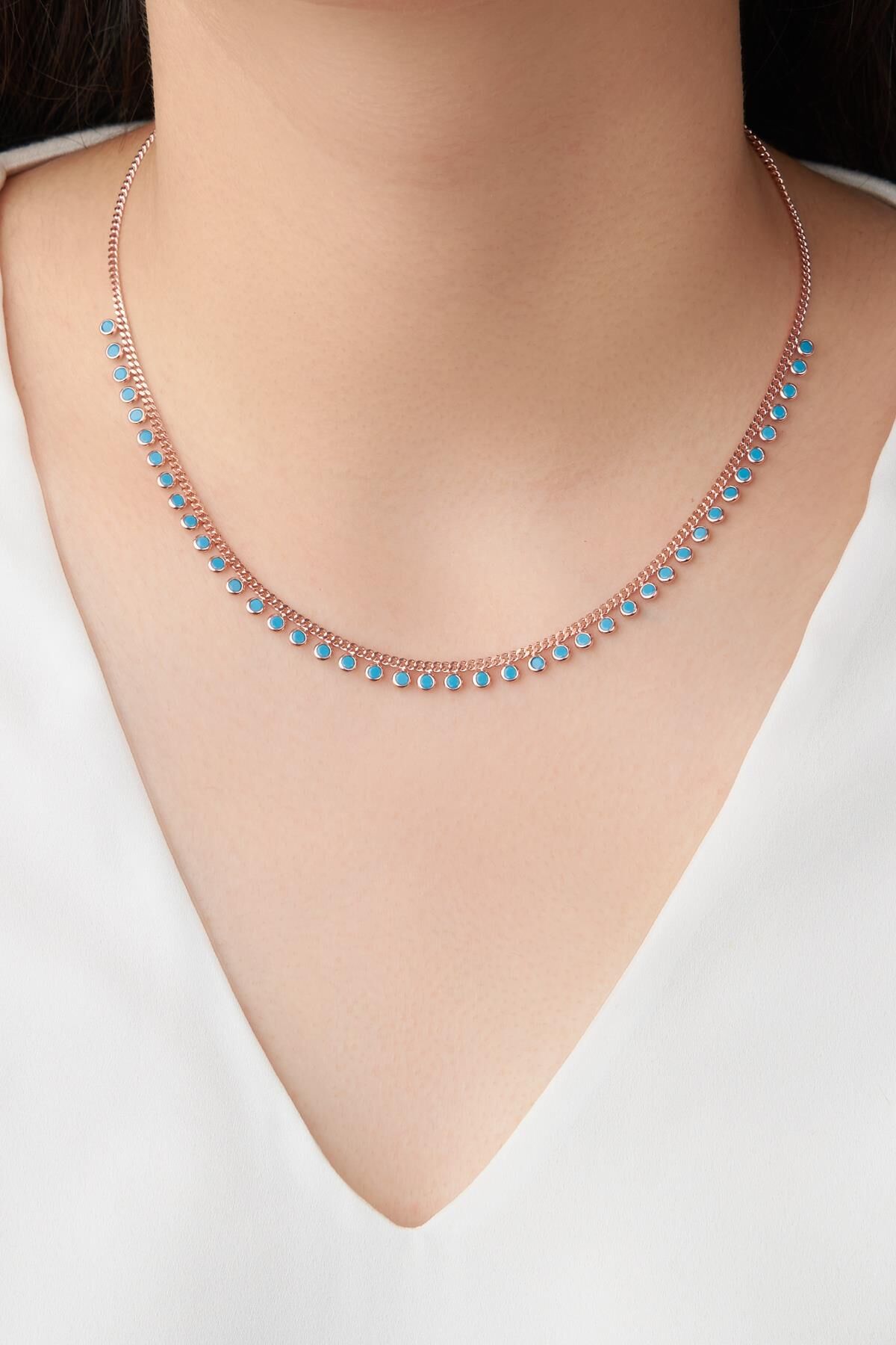 GÜMÜŞ ROSE FİRUZE TURKUAZ SIRALI TAŞLI KOLYE