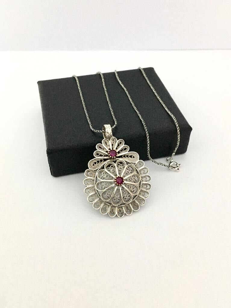 TELKARİ KÖK YAKUT TAŞLI KIRMIZI GÜMÜŞ KOLYE