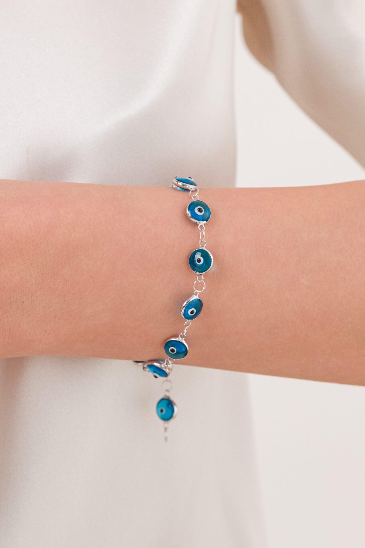 Gümüş Turkuaz Cam Göz Nazar Boncuklu Bileklik