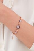 Gümüş Rose Kaplama Mavi Nazar Boncuklu Zirkon Taşlı Zincirli Göz Bileklik