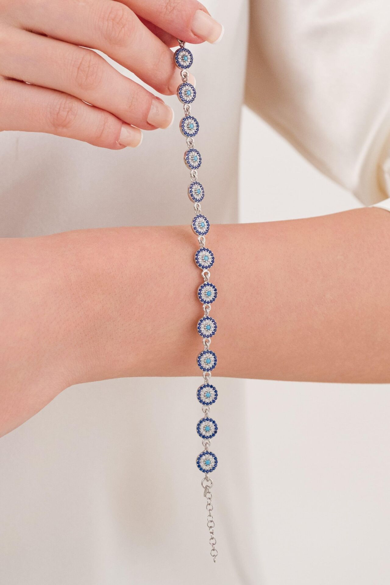 Gümüş Turkuaz ve Zirkon Taşlı Göz Nazar Boncuklu Su Yolu Bileklik