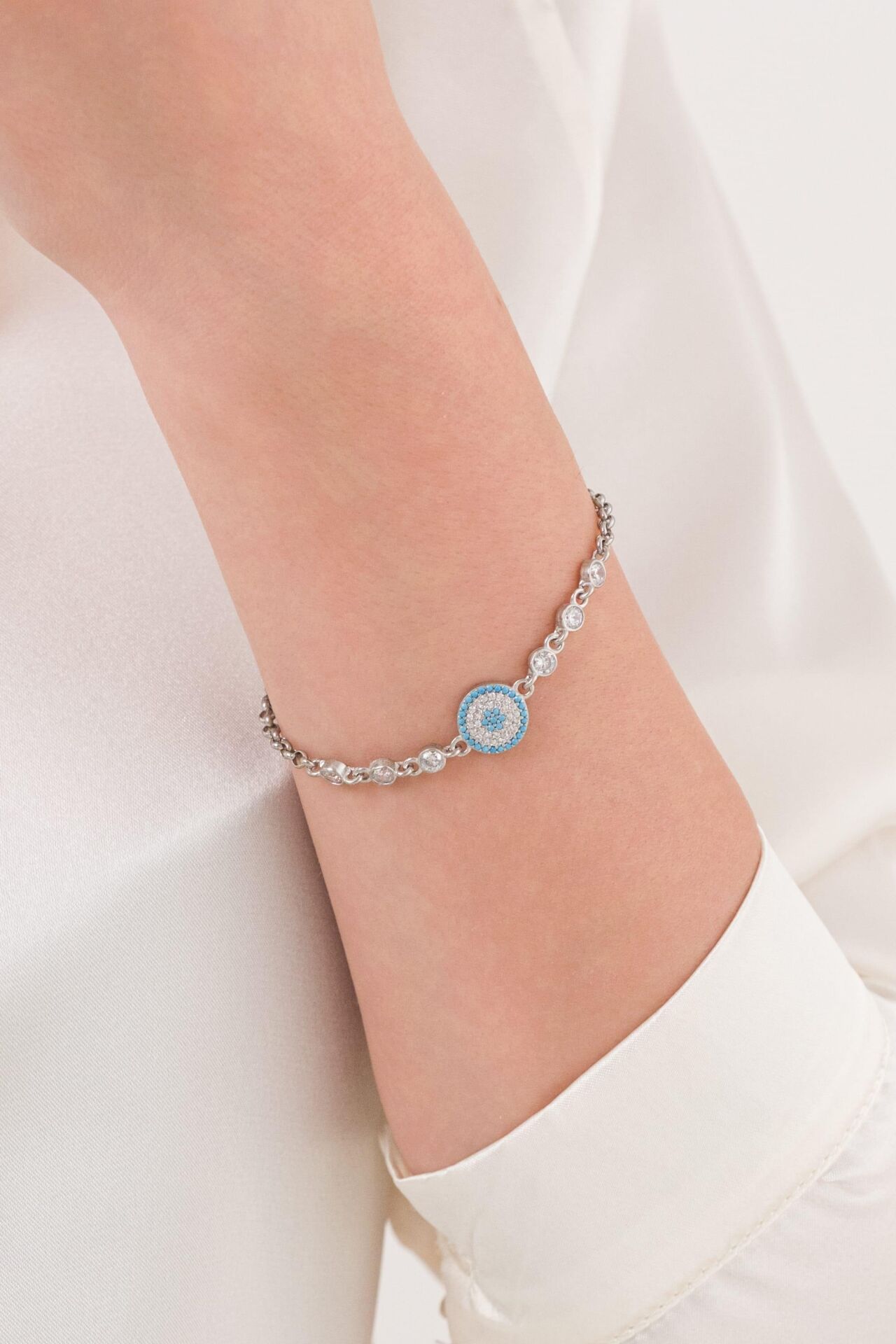 Gümüş Turkuaz Firuze ve Zirkon Taşlı Göz Nazar Boncuklu Bileklik