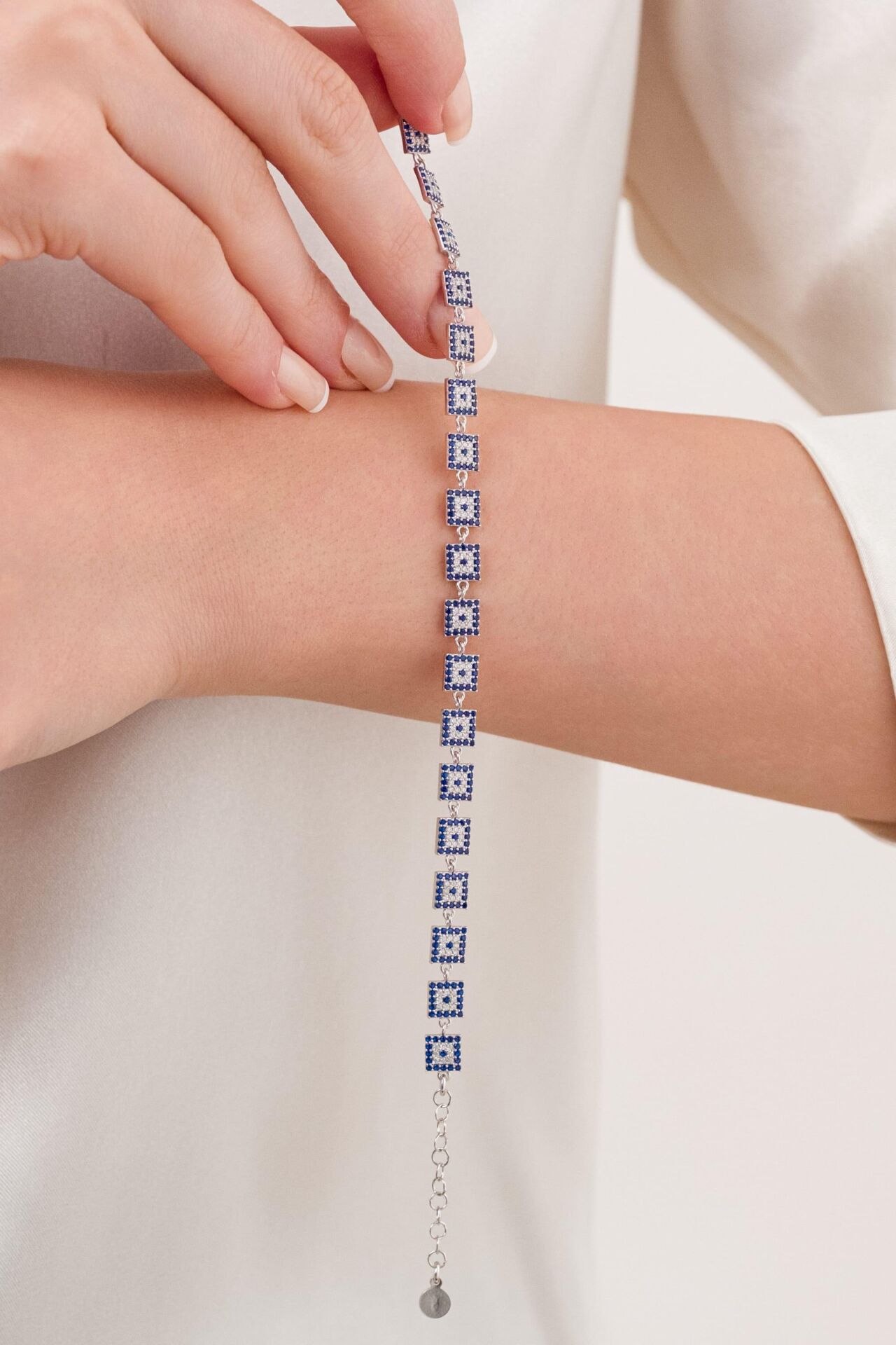 Gümüş Kare Model Mavi Nazar Boncuklu Su Yolu Göz Bileklik