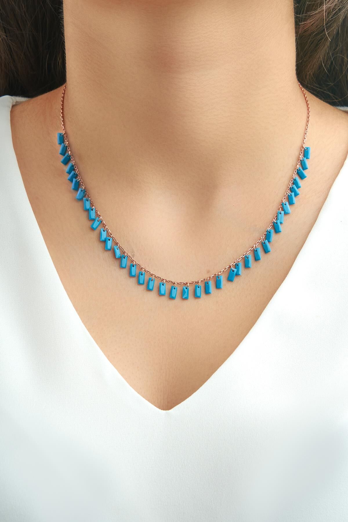 GÜMÜŞ ROSE RENK  TURKUAZ (FRUZE) TAŞLI KOLYE