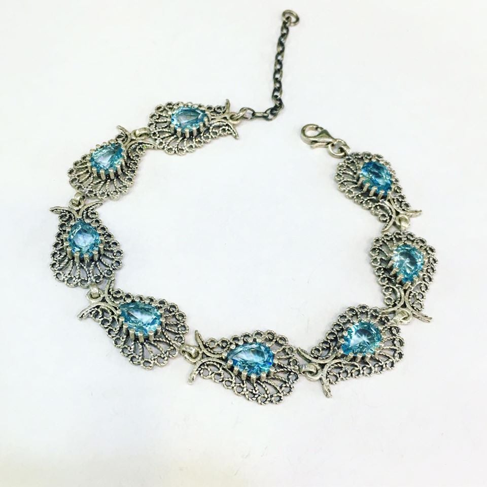 GÜMÜŞ TELKARİ AÇIK TURKUAZ TAŞLI LALE BİLEKLİK