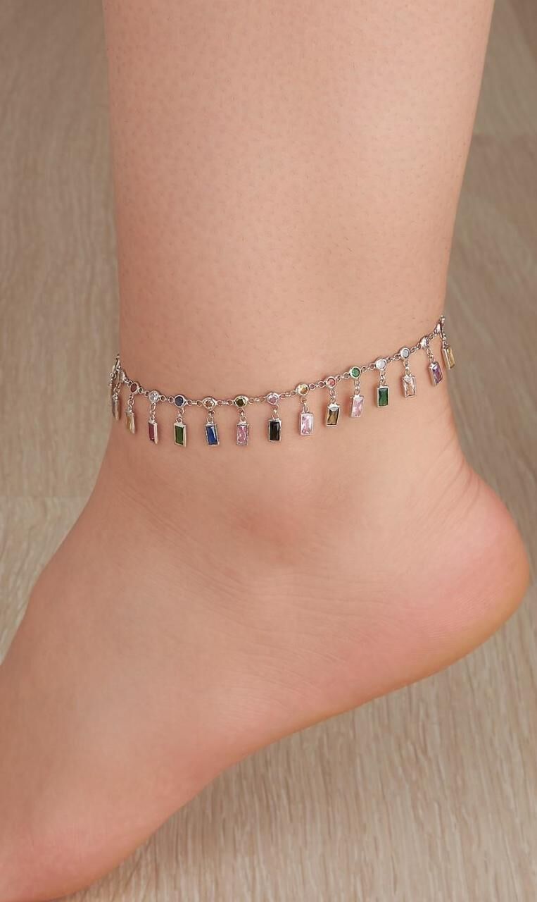 GÜMÜŞ RENK DİKDÖRTGEN RENKLİ TAŞLI HALHAL