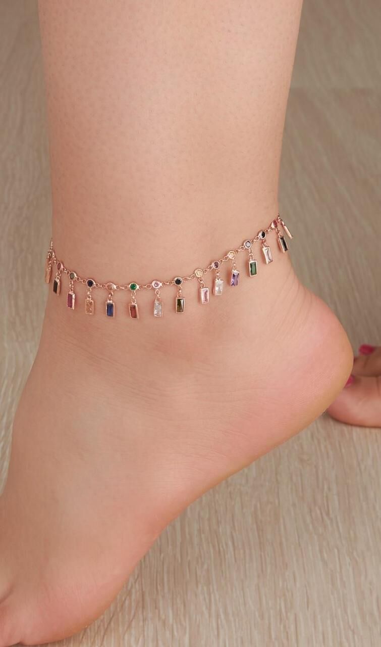 GÜMÜŞ ROSE RENK RENKLİ DİKDÖRTGEN ZİRKON TAŞLI HALHAL