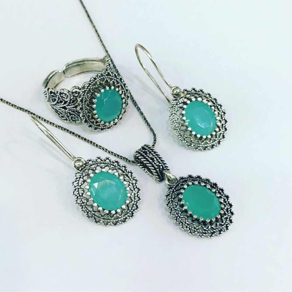 GÜMÜŞ TELKARİ TURKUAZ TAŞLI OVAL SET