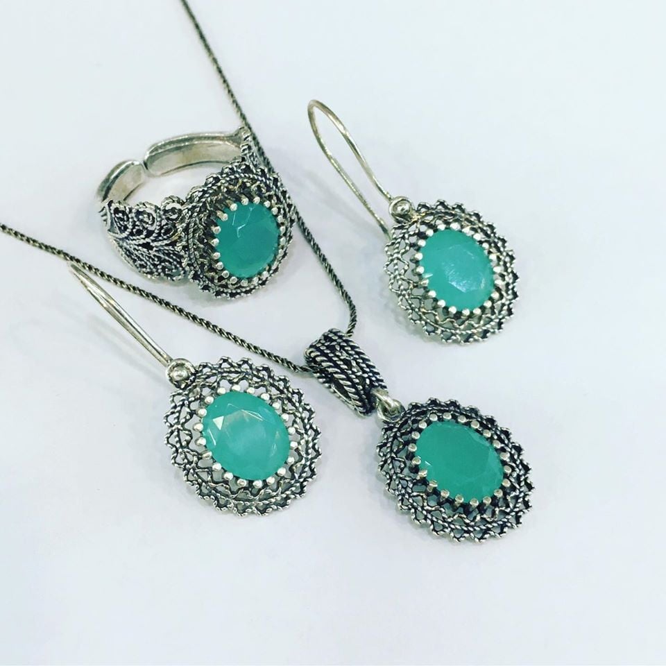 GÜMÜŞ TELKARİ TURKUAZ TAŞLI OVAL SET