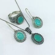 GÜMÜŞ TELKARİ TURKUAZ TAŞLI OVAL SET