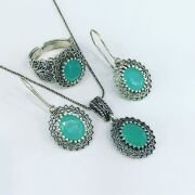 GÜMÜŞ TELKARİ TURKUAZ TAŞLI OVAL SET