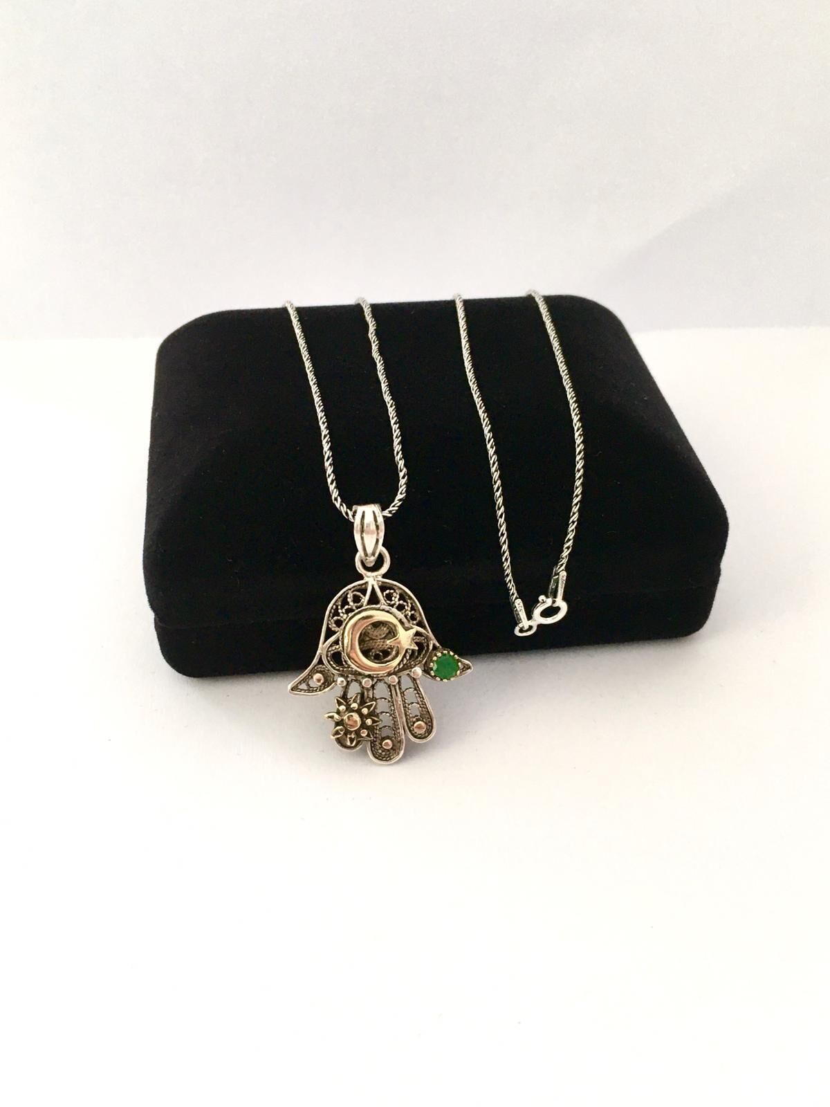 GÜMÜŞ TELKARİ FATMA ANA ELİ AY YILDIZ KOLYE