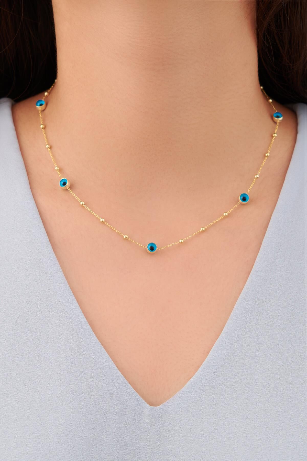 GÜMÜŞ DORİKA TOPLU ALTIN KAPLAMA MAVİ NAZAR BONCUĞU GÖZLÜ KOLYE