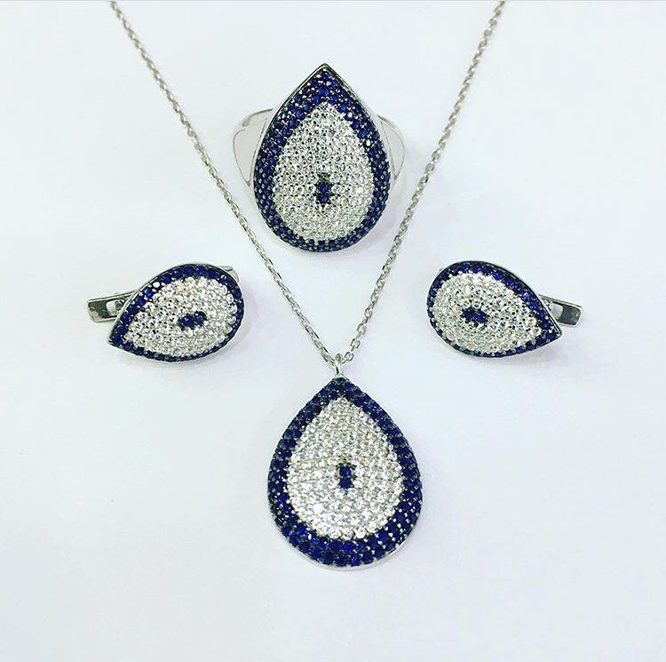 GÜMÜŞ NAZAR BONCUKLU DAMLA SET