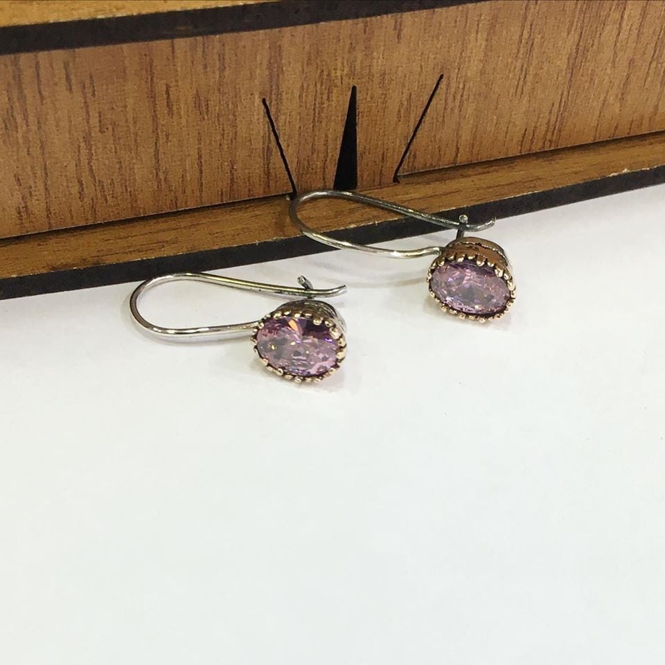 GÜMÜŞ PEMBE ZİRKON TAŞLI OVAL KÜPE